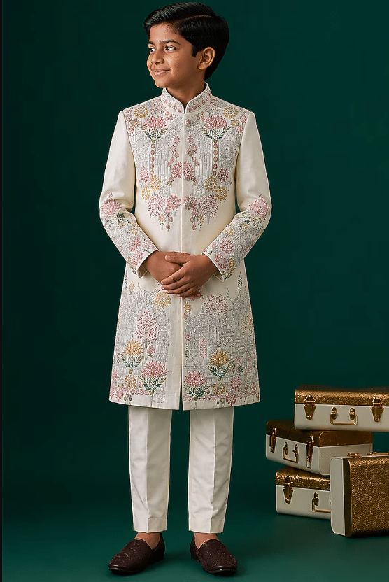 Ivory Tussar Embroidered Sherwani Set For Boys