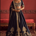 Navy Blue Raw Silk Embroidered Bridal Lehenga Set