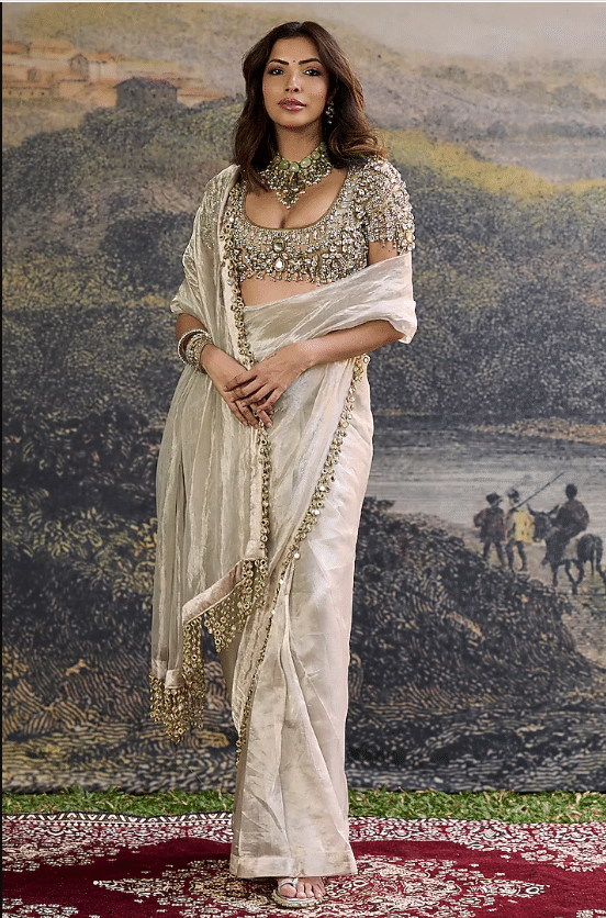 Silver Tissue Pre-Draped Saree Set
