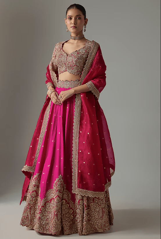 Fuchsia Pink & Red Silk Zardosi Embroidered Lehenga Set