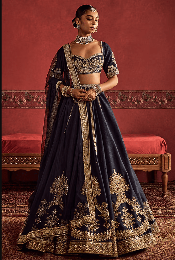 Navy Blue Raw Silk Embroidered Bridal Lehenga Set