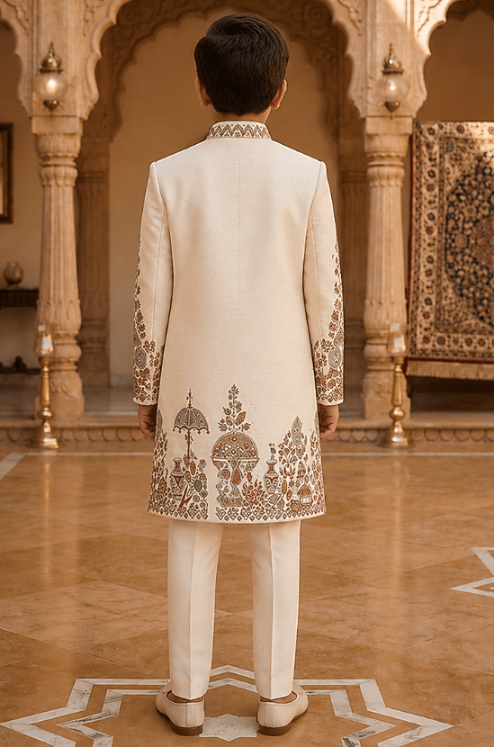 Ivory Raw Silk Resham Embroidered Sherwani Set For Boys - Image 2