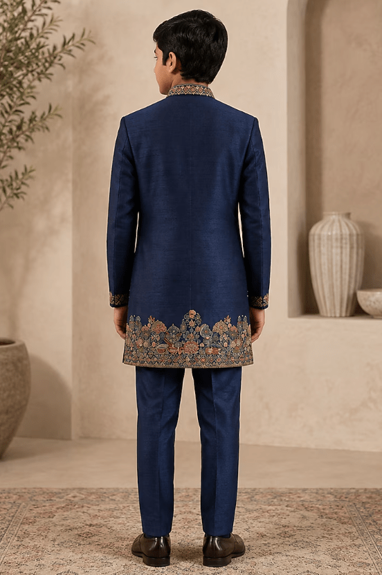 Blue Raw Silk Thread Embroidered Indowestern Set For Boys - Image 2