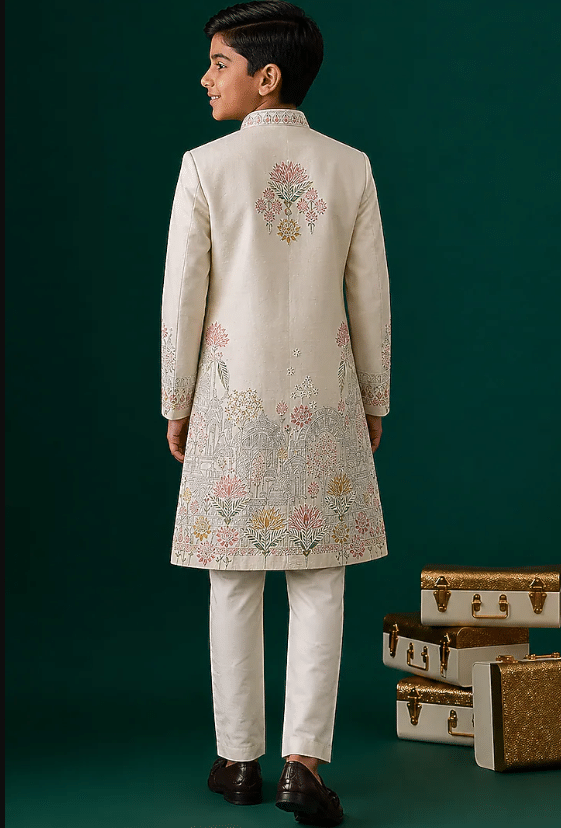 Ivory Tussar Embroidered Sherwani Set For Boys - Image 2