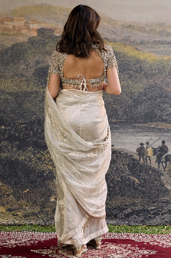 Silver Tissue Pre-Draped Saree Set - Image 2