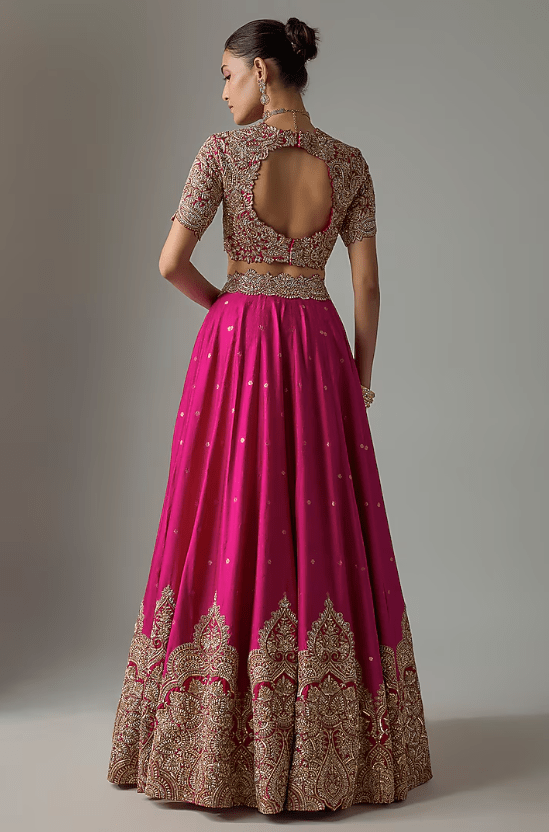 Fuchsia Pink & Red Silk Zardosi Embroidered Lehenga Set - Image 2