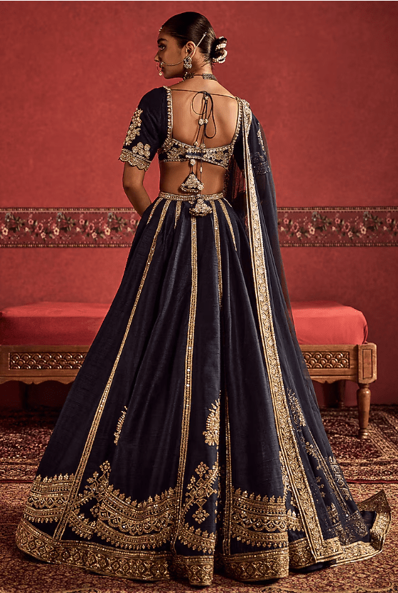 Navy Blue Raw Silk Embroidered Bridal Lehenga Set - Image 2