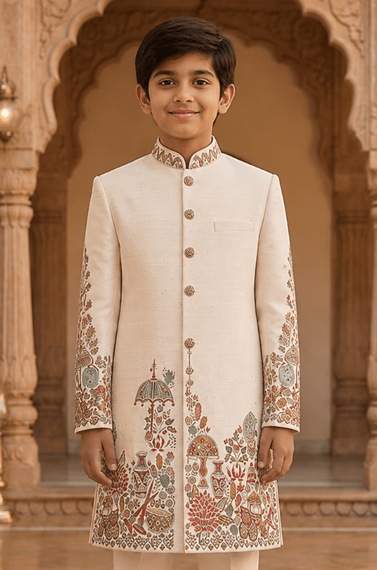 Ivory Raw Silk Resham Embroidered Sherwani Set For Boys - Image 3