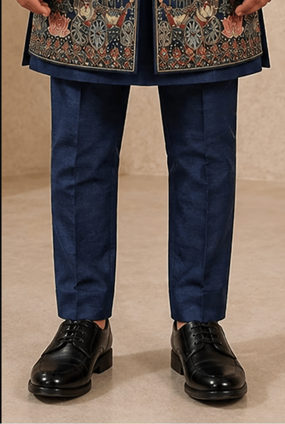 Blue Raw Silk Thread Embroidered Indowestern Set For Boys - Image 3