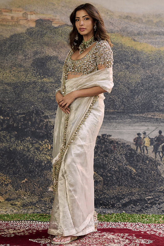Silver Tissue Pre-Draped Saree Set - Image 3