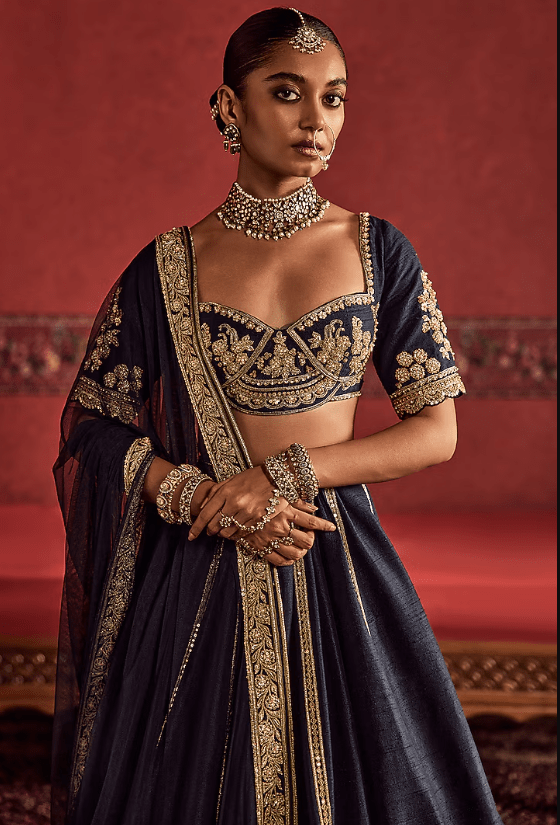 Navy Blue Raw Silk Embroidered Bridal Lehenga Set - Image 3