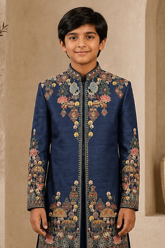 Blue Raw Silk Thread Embroidered Indowestern Set For Boys - Image 4