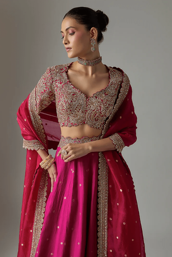 Fuchsia Pink & Red Silk Zardosi Embroidered Lehenga Set - Image 4