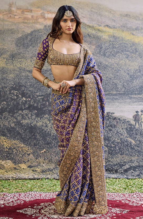 Blue & Purple Ombre Georgette Hand Embroidered Saree Set
