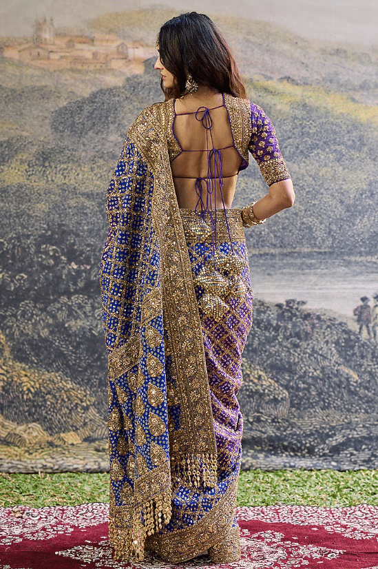 Blue & Purple Ombre Georgette Hand Embroidered Saree Set - Image 2