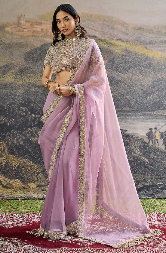 Lilac Organza Jadau Embroidered Saree Set