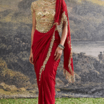 Red Georgette Mirror Embroidered Pre-Draped Paneled Saree Set