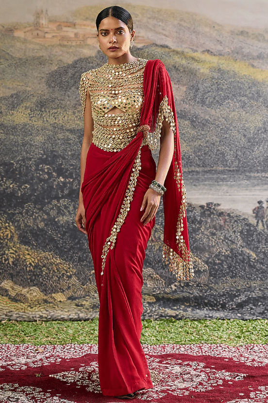 Red Georgette Mirror Embroidered Pre-Draped Paneled Saree Set
