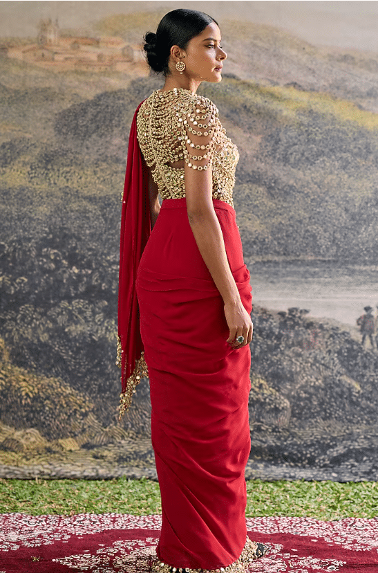 Red Georgette Mirror Embroidered Pre-Draped Paneled Saree Set - Image 2
