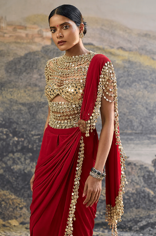 Red Georgette Mirror Embroidered Pre-Draped Paneled Saree Set - Image 3