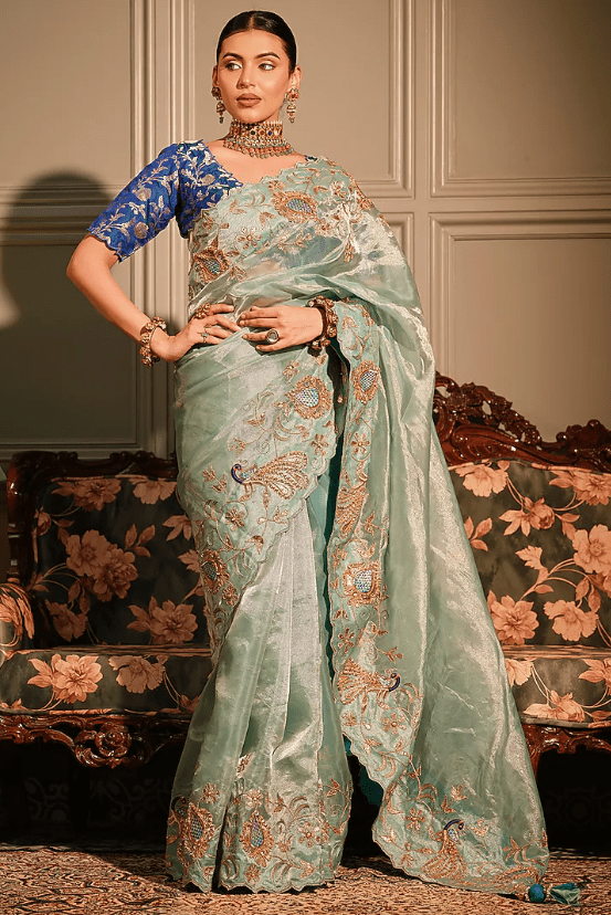Sky Blue Tissue Resham & Gota Embroidered Saree Set