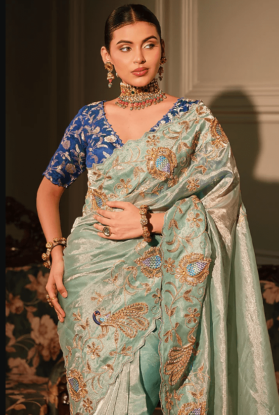 Sky Blue Tissue Resham & Gota Embroidered Saree Set - Image 2