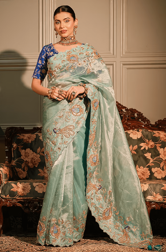 Sky Blue Tissue Resham & Gota Embroidered Saree Set - Image 3