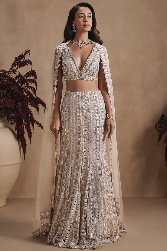 Nude Organza Sequin Embroidered Fish-Cut Lehenga Set