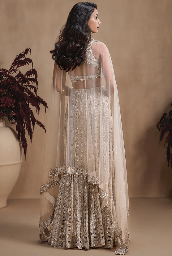 Nude Organza Sequin Embroidered Fish-Cut Lehenga Set - Image 2