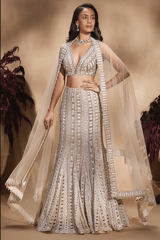 Nude Organza Sequin Embroidered Fish-Cut Lehenga Set - Image 3