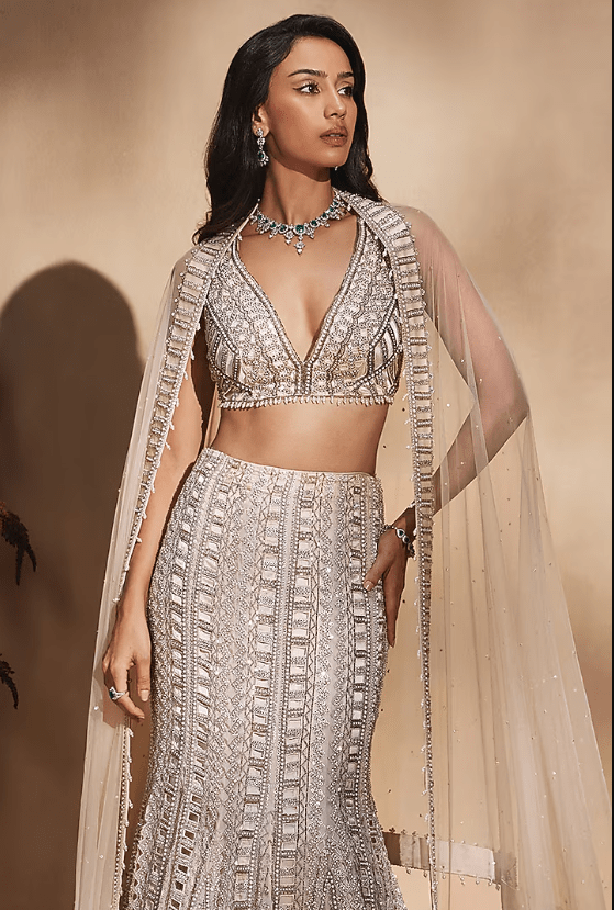 Nude Organza Sequin Embroidered Fish-Cut Lehenga Set - Image 5