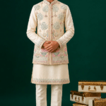 Ivory Tussar & Raw Silk Embroidered Bundi Jacket Set For Boys