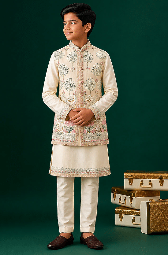 Ivory Tussar & Raw Silk Embroidered Bundi Jacket Set For Boys