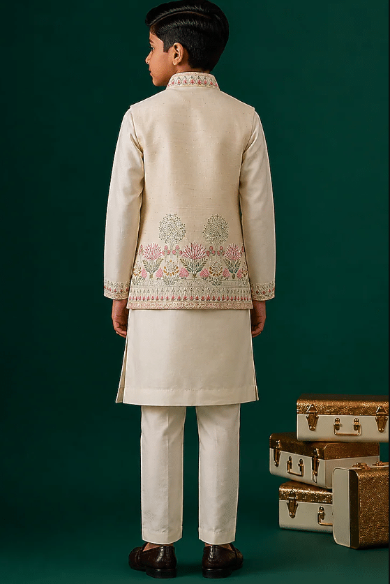 Ivory Tussar & Raw Silk Embroidered Bundi Jacket Set For Boys - Image 2