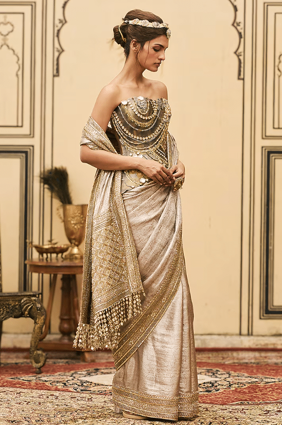 Rose Gold Tissue Brocade Saree Set - Image 4