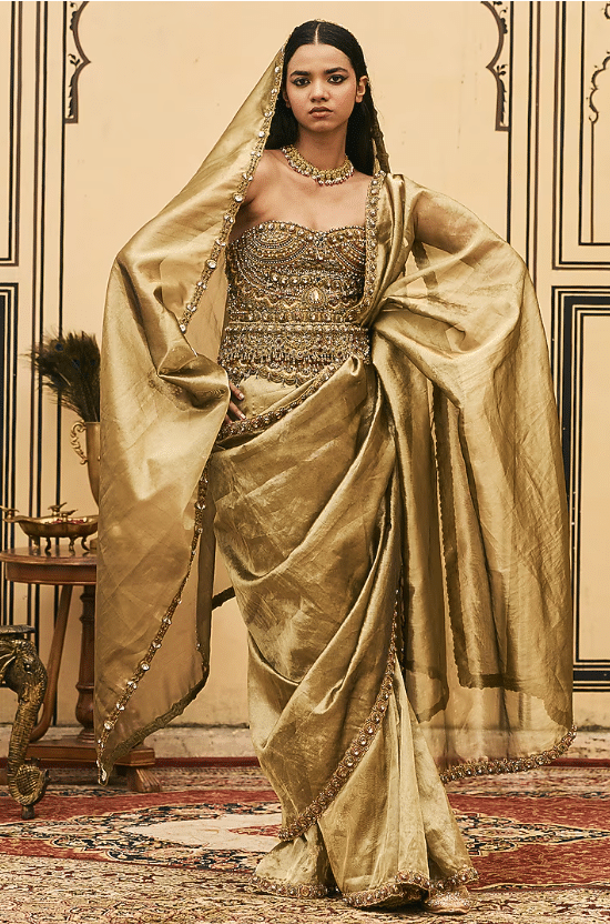 Bright Moss Green Tissue Saree Set