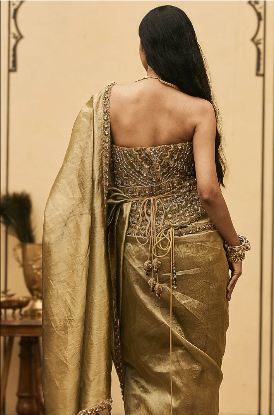 Bright Moss Green Tissue Saree Set - Image 2