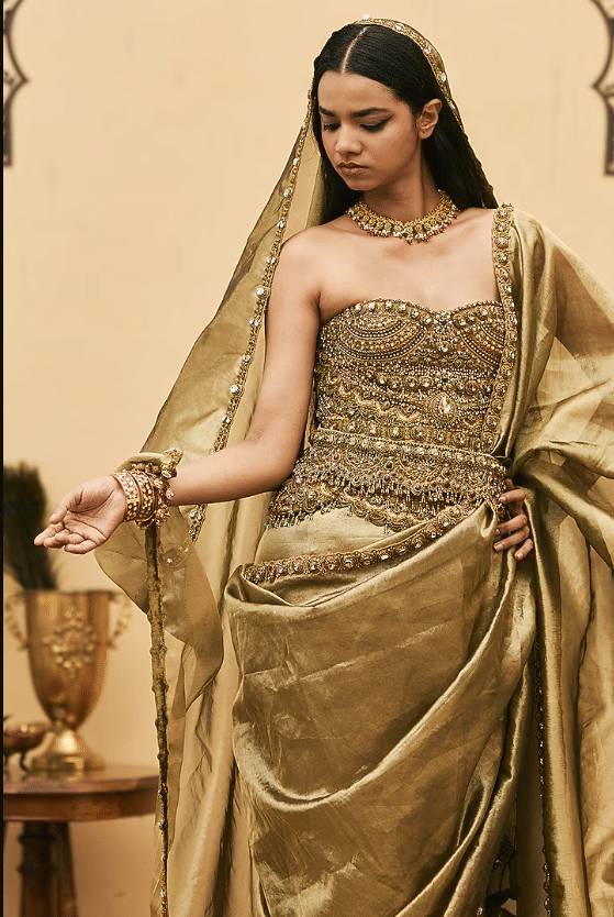 Bright Moss Green Tissue Saree Set - Image 3