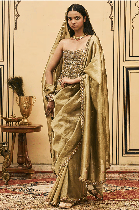 Bright Moss Green Tissue Saree Set