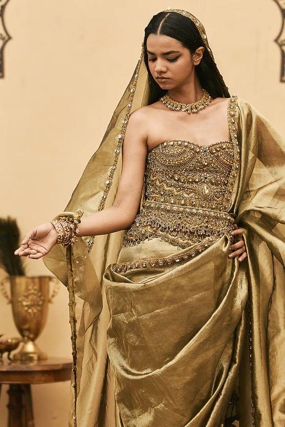 Bright Moss Green Tissue Saree Set - Image 3