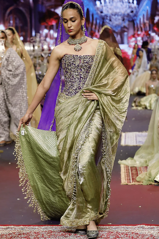 Green Crushed Tissue Saree Set