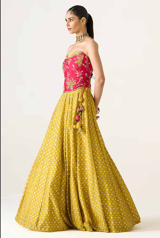 Yellow Chanderi Printed Lehenga Set