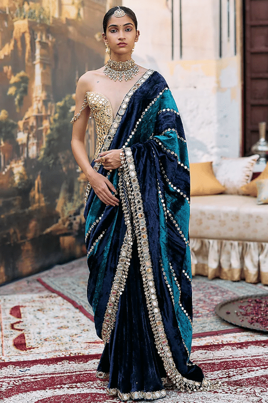 Teal Blue Chanderi Embroidered Saree Set