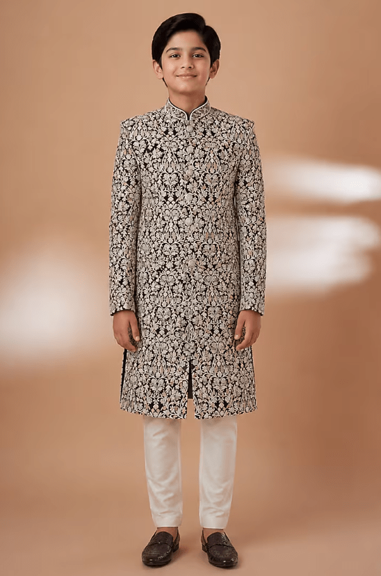 Blue Tussar Hand & Machine Embroidered Sherwani Set For Boys