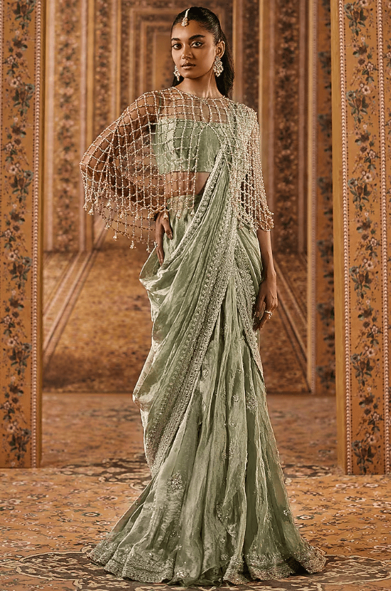 Mint Gold Tissue Boota Embroidered Pre-Stitched Saree Set