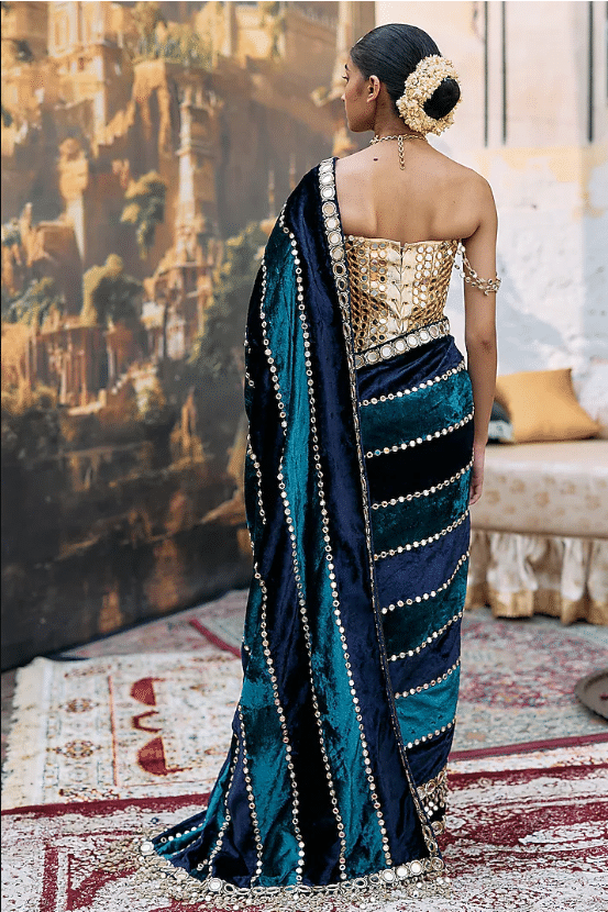 Teal Blue Chanderi Embroidered Saree Set - Image 2