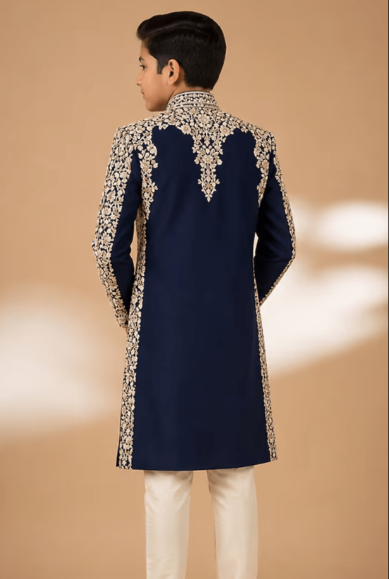 Blue Tussar Hand & Machine Embroidered Sherwani Set For Boys - Image 2