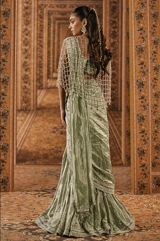 Mint Gold Tissue Boota Embroidered Pre-Stitched Saree Set - Image 2