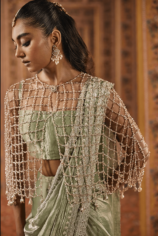 Mint Gold Tissue Boota Embroidered Pre-Stitched Saree Set - Image 3