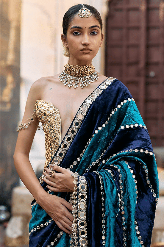 Teal Blue Chanderi Embroidered Saree Set - Image 4
